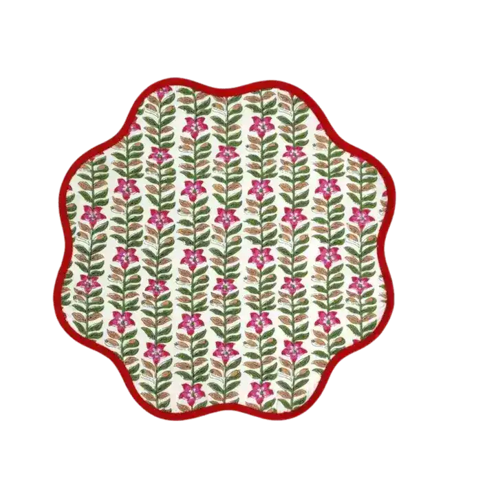 Scalloped Green and Red Floral Cotton Placemats