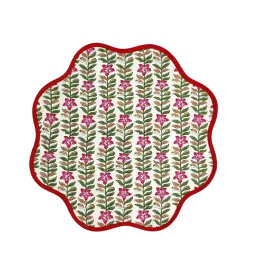 Scalloped Green and Red Floral Cotton Placemats
