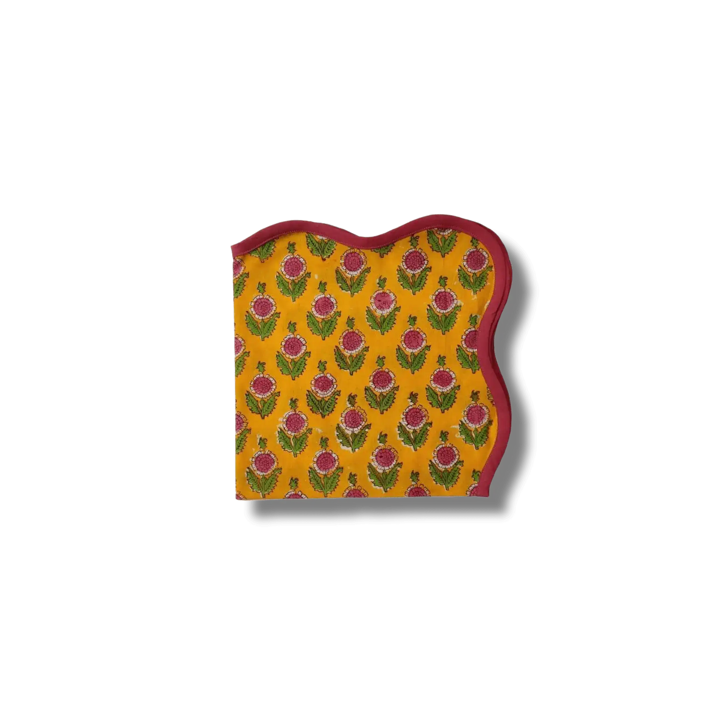 Scalloped Pink Flowers Yellow Block Printed Cotton Napkins