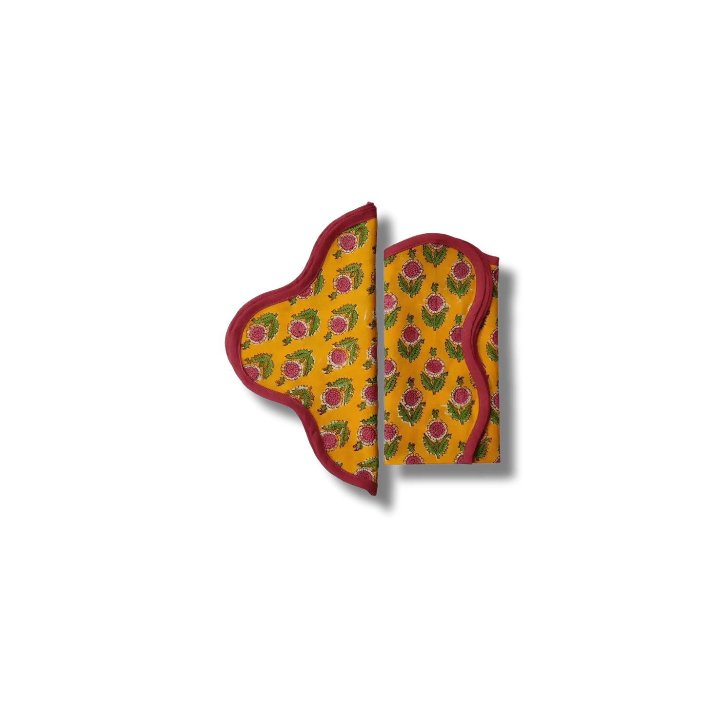 Scalloped Pink Flowers Yellow Block Printed Cotton Napkins