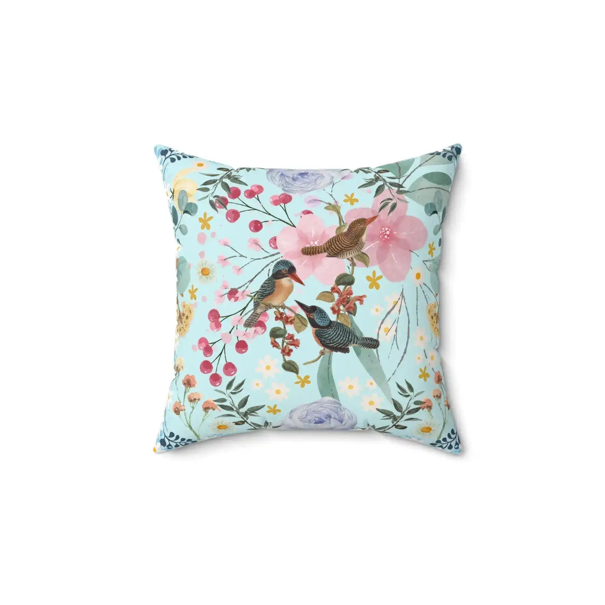 Sky Blue Chinoiserie Flower and Birds Throw Pillow - MAIA HOMES