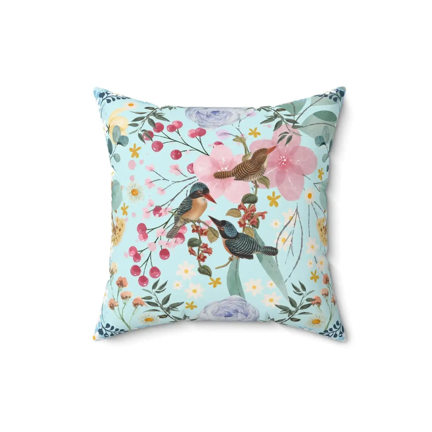 Sky Blue Chinoiserie Flower and Birds Throw Pillow - MAIA HOMES