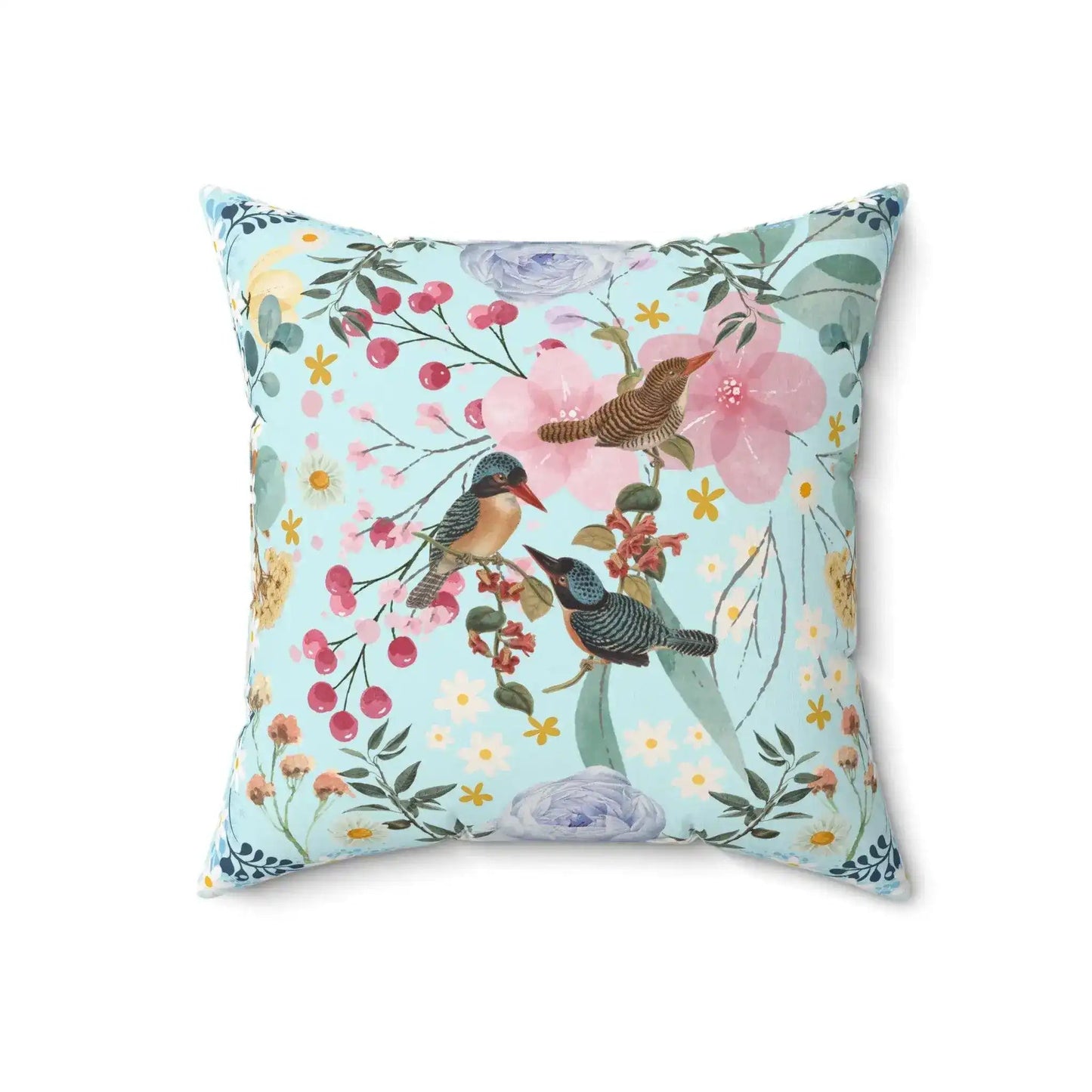Sky Blue Chinoiserie Flower and Birds Throw Pillow - MAIA HOMES