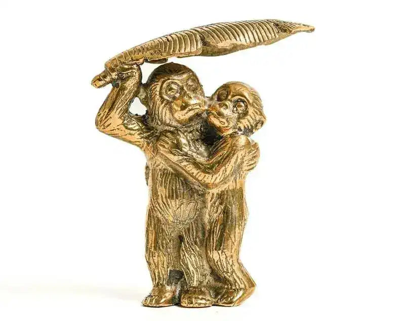 Solid Brass Two Funny Monkey Under Banana Leaf Figurine - MAIA HOMES