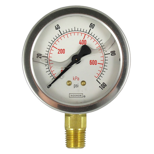 NOSHOK Bottom Mount 2.5" Water Pressure Gauge 0-100 PSI, SS, 1/4" NPT