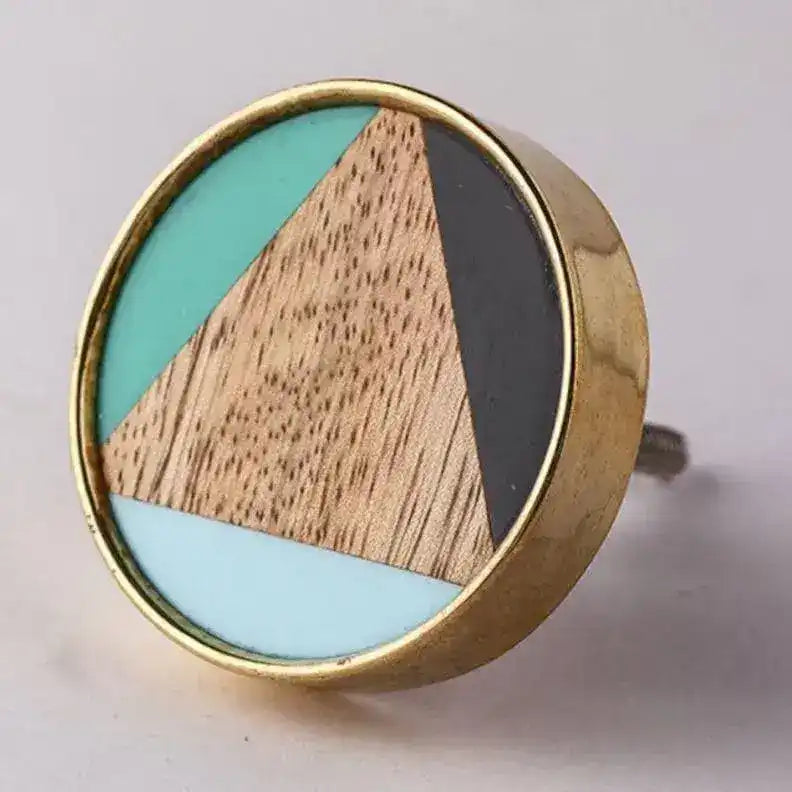 Tricolor Teal Black Natural Wood Drawer Knobs - Set of 6