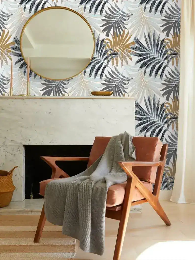 Vintage Oversized Ferns Tropical Leaves Wallpaper