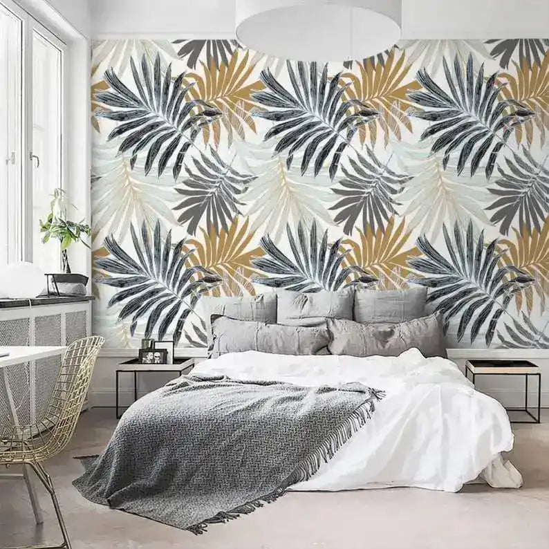 Vintage Oversized Ferns Tropical Leaves Wallpaper