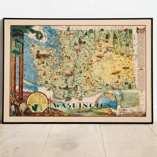 Vintage Pictorial Map of Washington The Evergreen State Map Poster Print