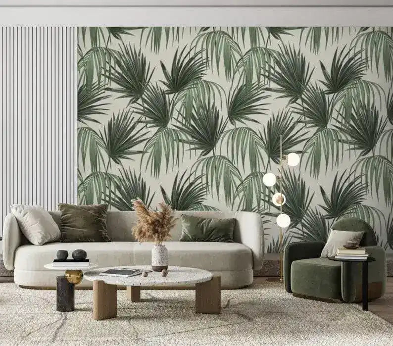 Vintage Tropical Green Palm Leaves Wallpaper