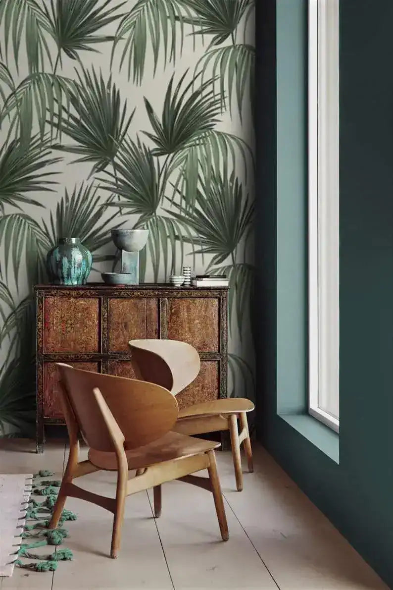 Vintage Tropical Green Palm Leaves Wallpaper