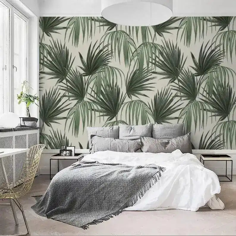 Vintage Tropical Green Palm Leaves Wallpaper