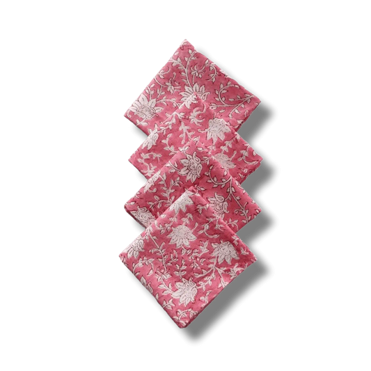 White and Pink Floral Block Printed Cotton Napkins