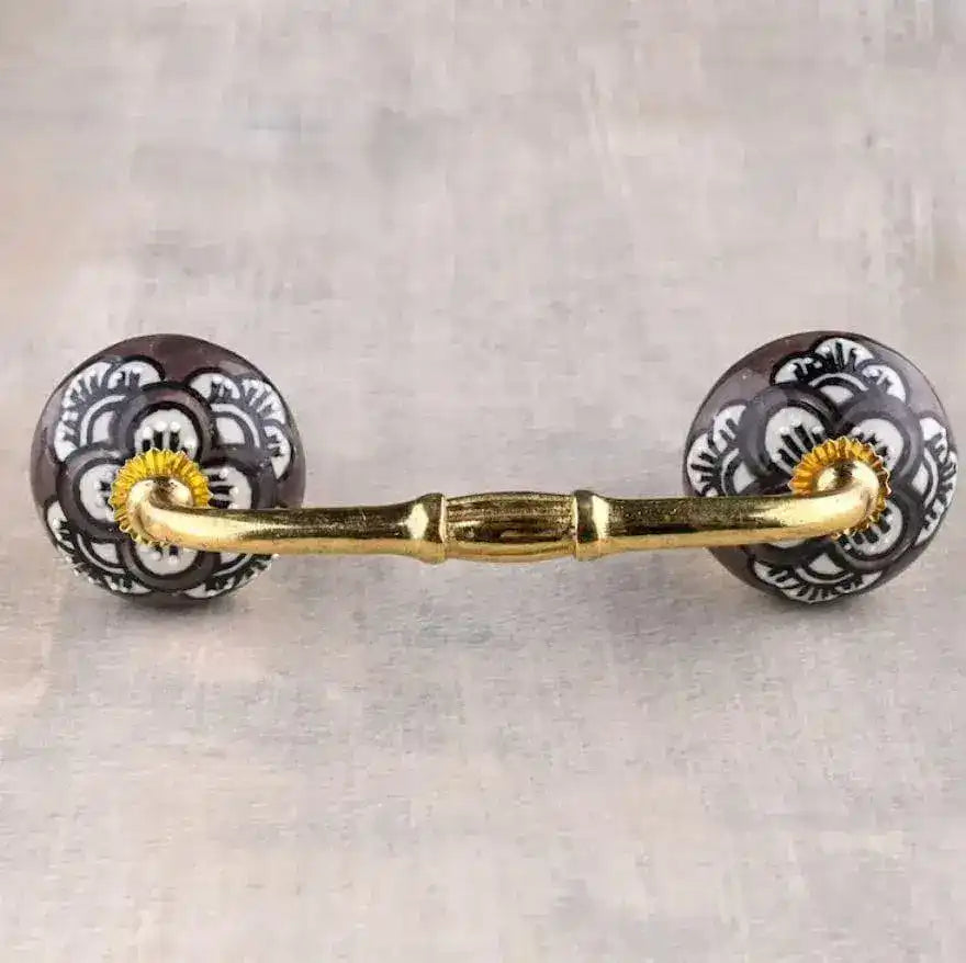 White Floral Brown Ceramic Cabinet Pulls - set of 4