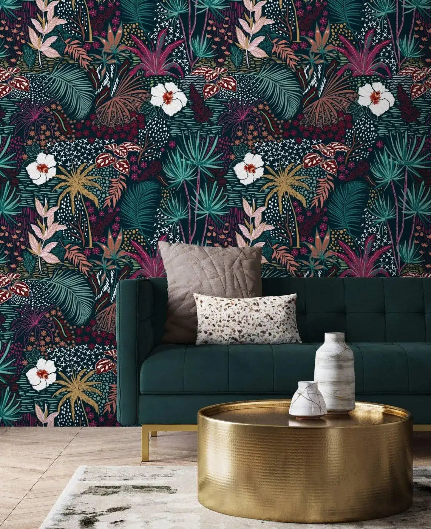 White Floral Colorful Tropical Jungle Wallpaper