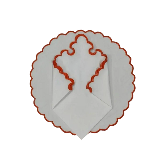 White Round Cotton Placemat and Napkin with Embroidered Border
