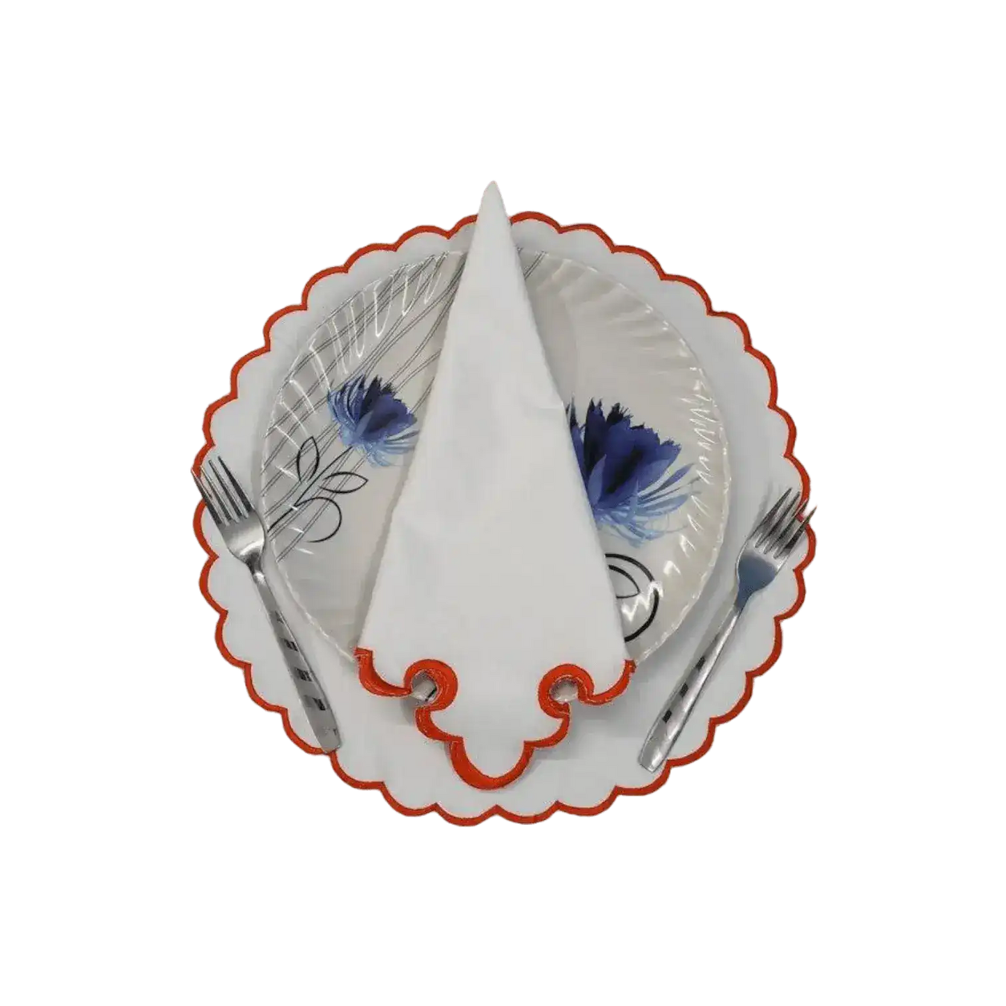 White Round Cotton Placemat and Napkin with Embroidered Border