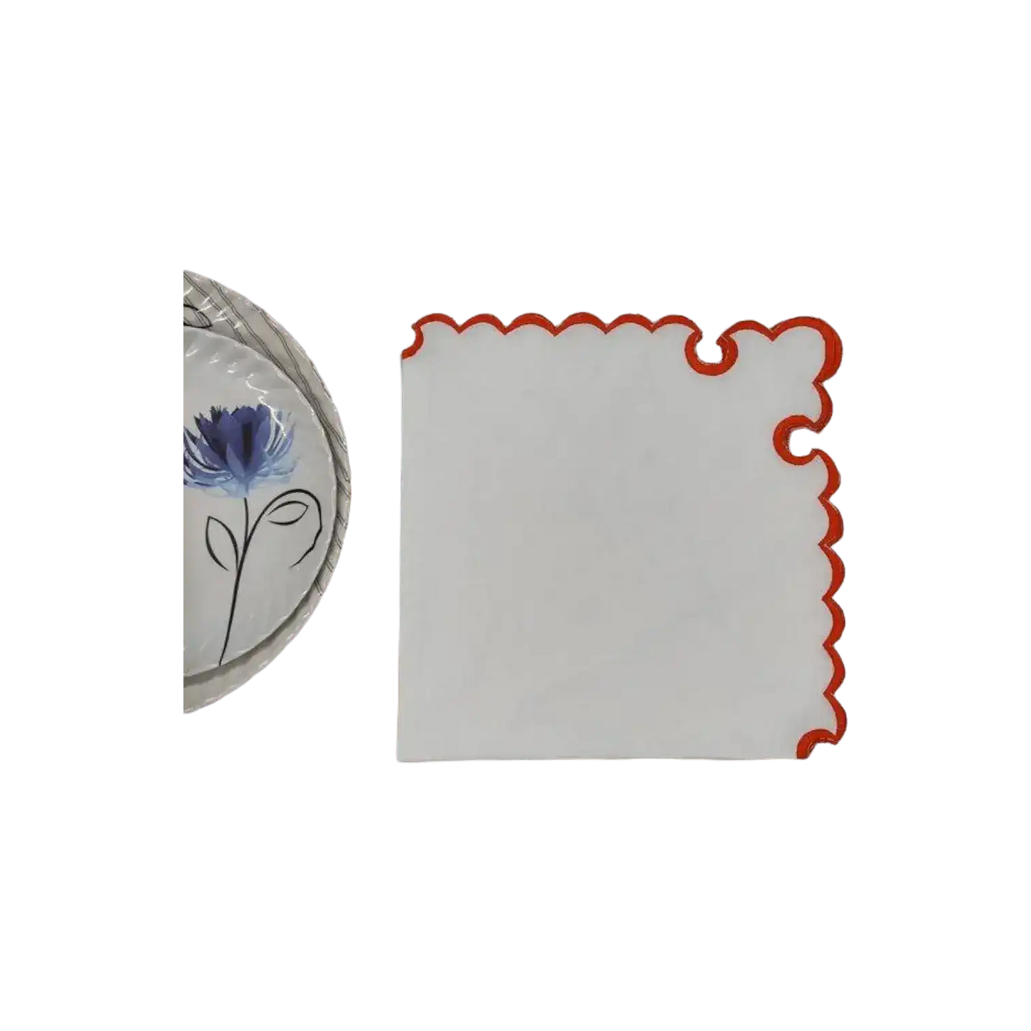 White Round Cotton Placemat and Napkin with Embroidered Border