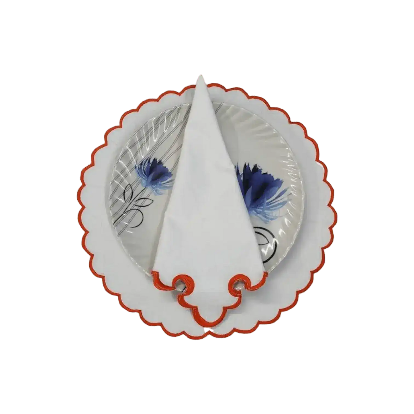 White Round Cotton Placemat and Napkin with Embroidered Border