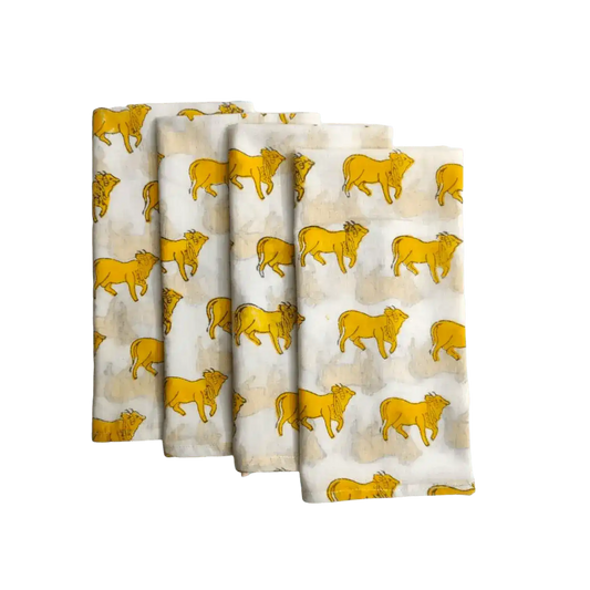 Yellow Cows Block Printed Cotton Napkins
