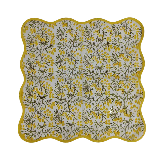 Yellow Floral Block Printed Scalloped Cotton Napkins